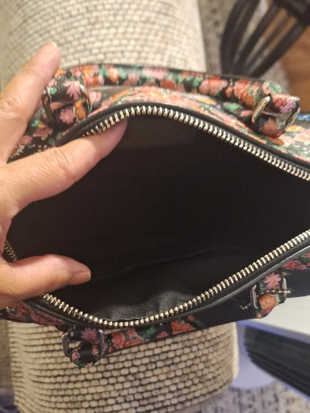 Coach Black Floral Leather Satchel with Pink and Orange Blooms